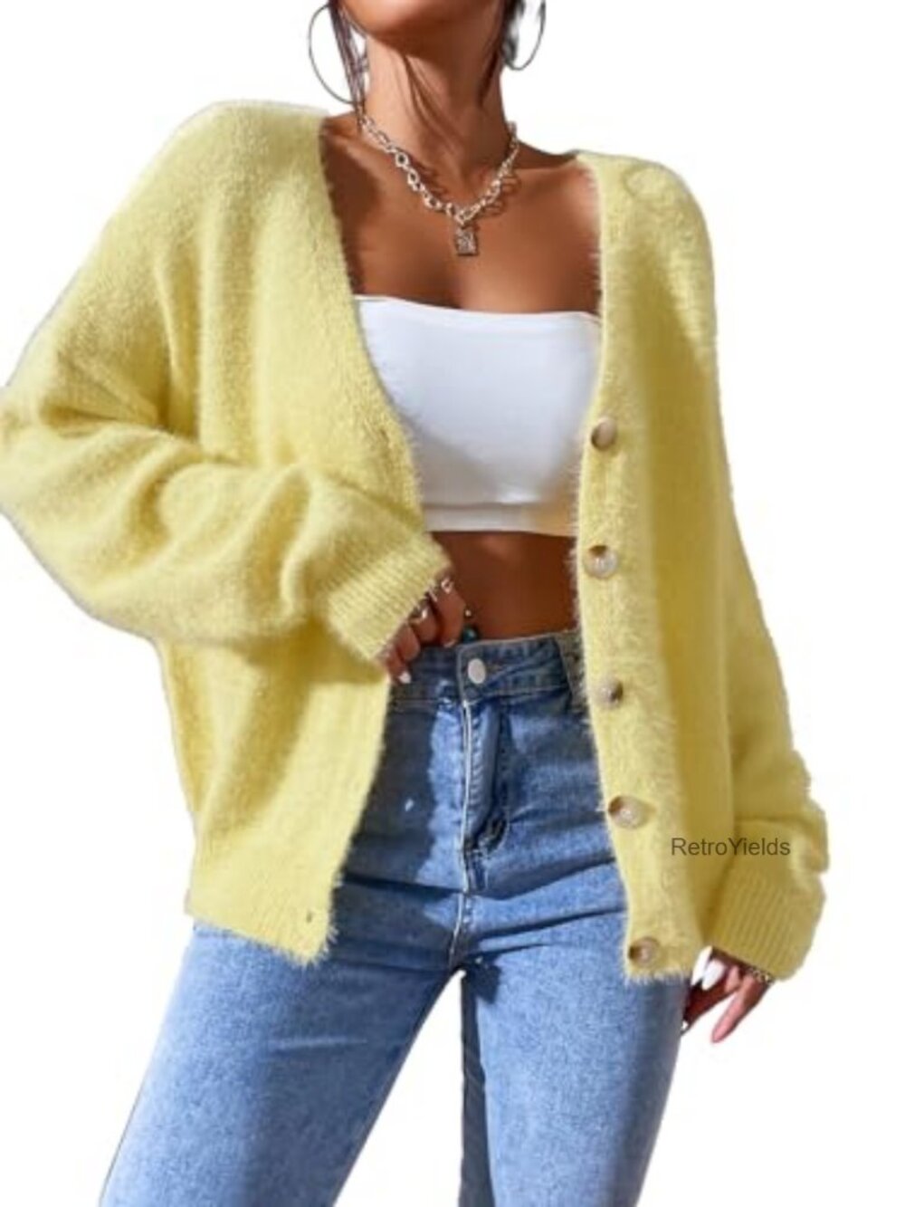 Fuzzy Button Down Cardigan Open Front Oversized Knit Sweater